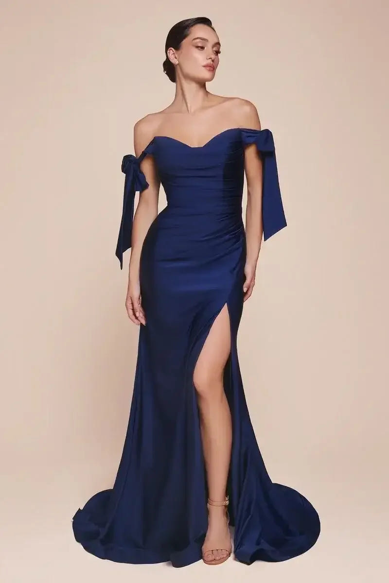 Amber Gown - Navy - Off Shoulder Stretch Spandex Satin Dress With Ties