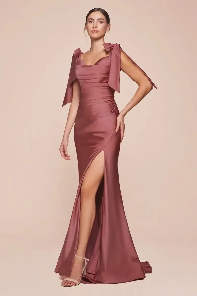 Amber Gown - Sienna Rose - Off Shoulder Stretch Spandex Satin Dress With Ties