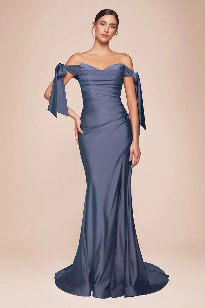Amber Gown - Smoky Blue - Off Shoulder Stretch Spandex Satin Dress With Ties