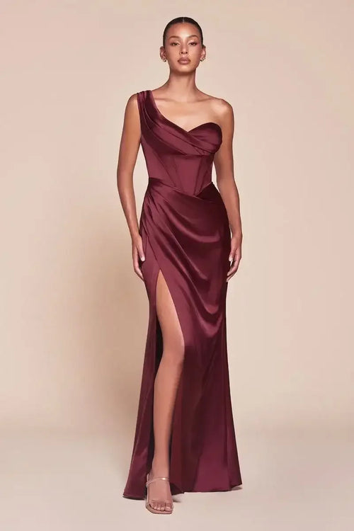 Audra Gown - Burgundy - ONE SHOULDER LUXE SATIN CORSET GOWN