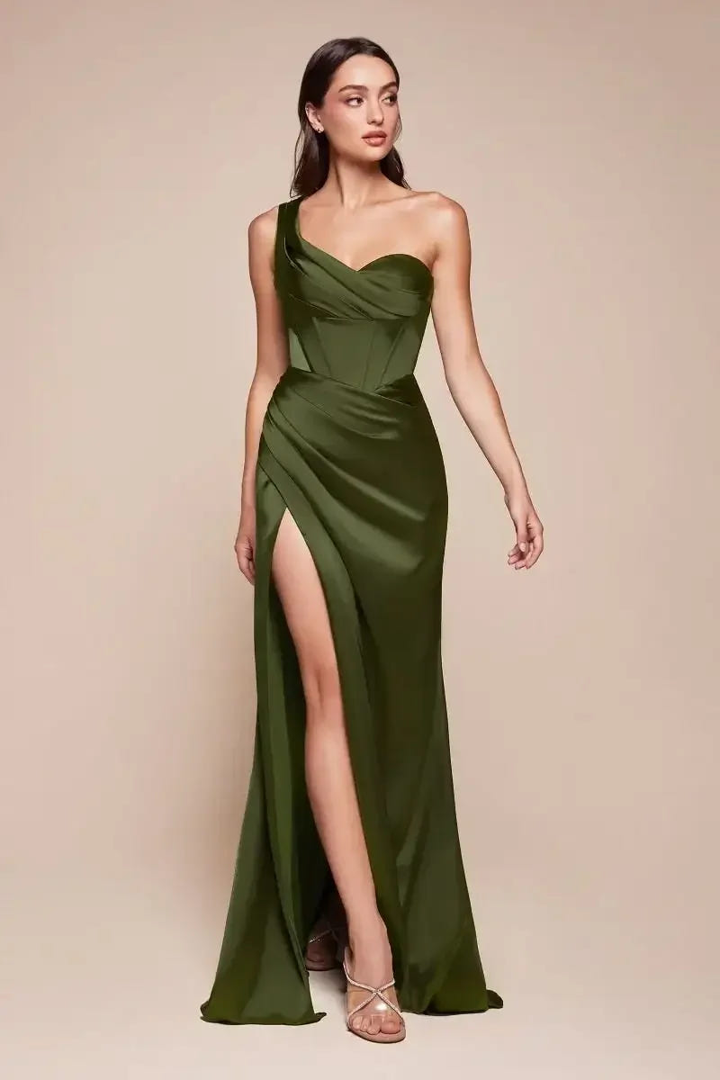 Audra Gown - Olive - ONE SHOULDER LUXE SATIN CORSET GOWN