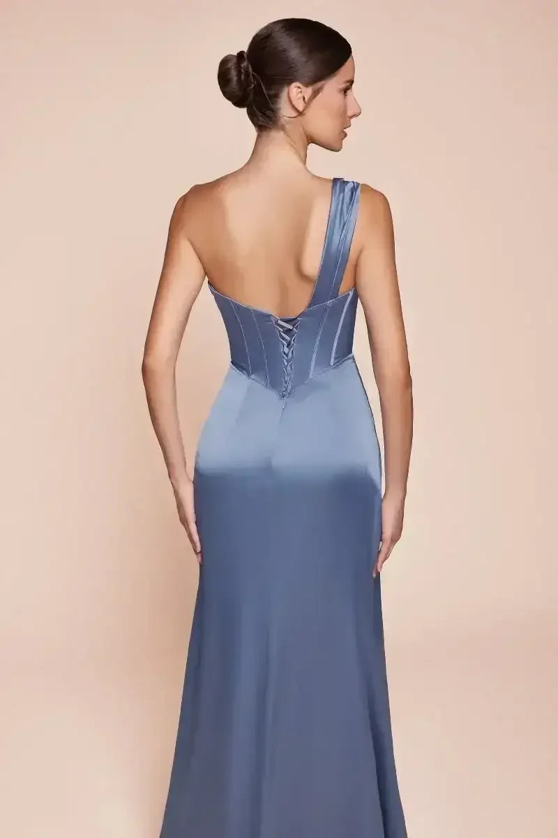 Audra Gown - Smoky Blue - ONE SHOULDER LUXE SATIN CORSET GOWN