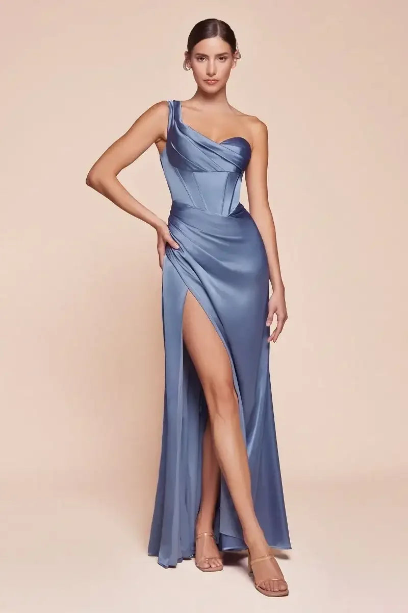 Audra Gown - Smoky Blue - ONE SHOULDER LUXE SATIN CORSET GOWN