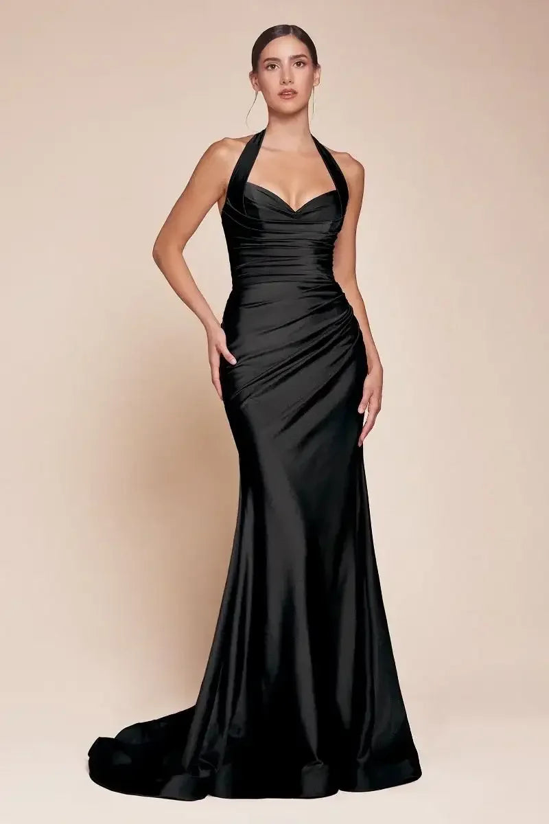 AUTUMN GOWN - BLACK - STRETCH SPANDEX SATIN HALTER FITTED DRESS