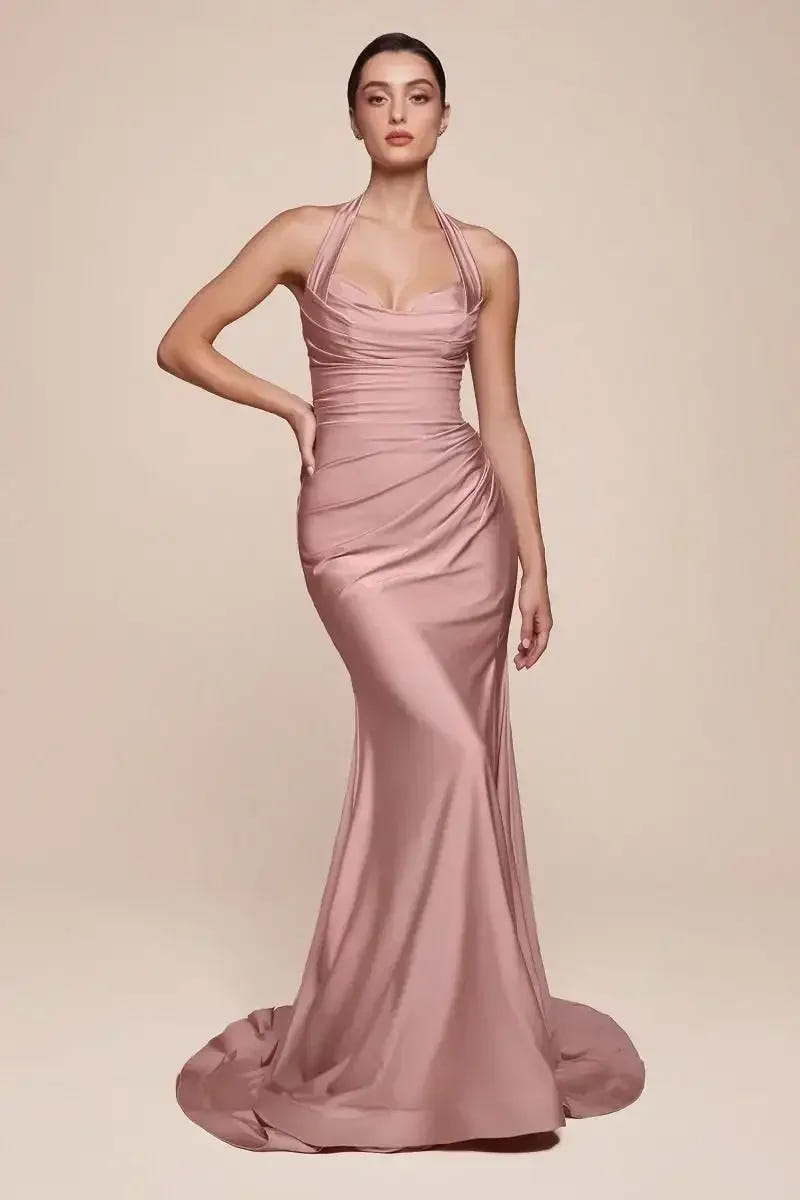 AUTUMN GOWN - DUSTY ROSE - STRETCH SPANDEX SATIN HALTER FITTED DRESS