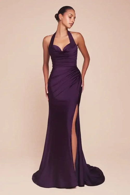 AUTUMN GOWN - EGGPLANT - STRETCH SPANDEX SATIN HALTER FITTED DRESS