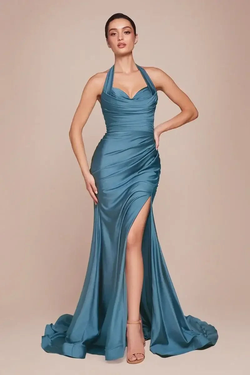 AUTUMN GOWN - LAKE BLUE - STRETCH SPANDEX SATIN HALTER FITTED DRESS