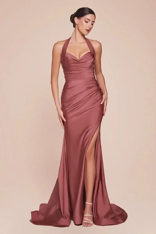 AUTUMN GOWN - SIENNA ROSE - STRETCH SPANDEX SATIN HALTER FITTED DRESS