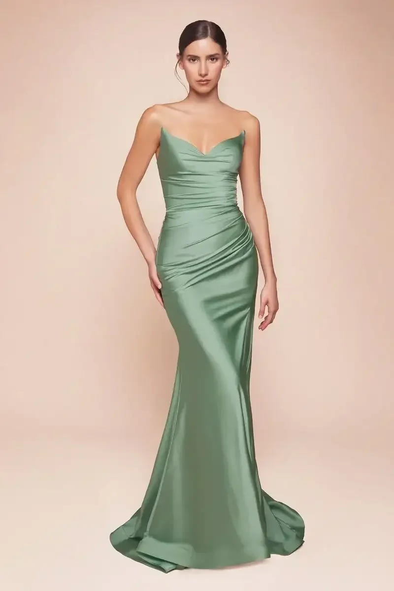 AVA POINTED V-NECKLINE GOWN - DARK SAGE - STRAPLESS STRETCH SPANDEX SATIN FITTED GOWN
