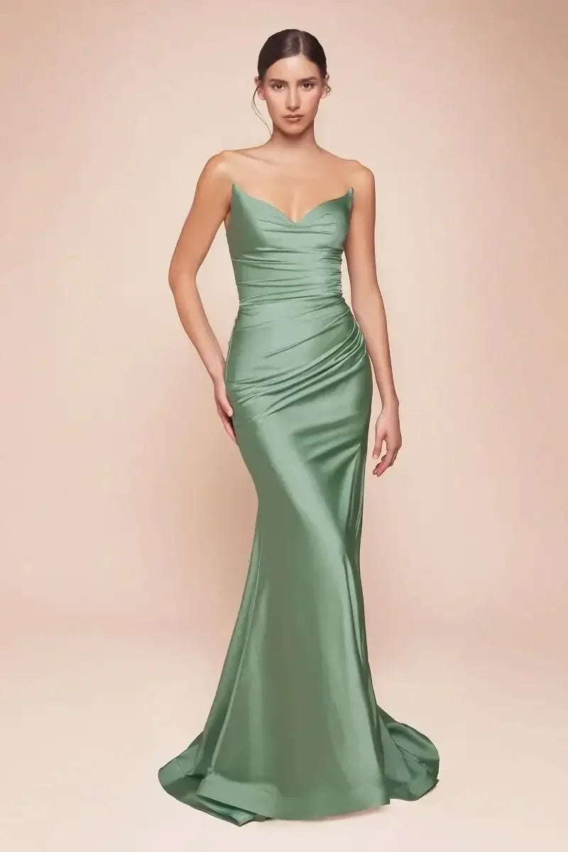 AVA POINTED V-NECKLINE GOWN - DARK SAGE - STRAPLESS STRETCH SPANDEX SATIN FITTED GOWN