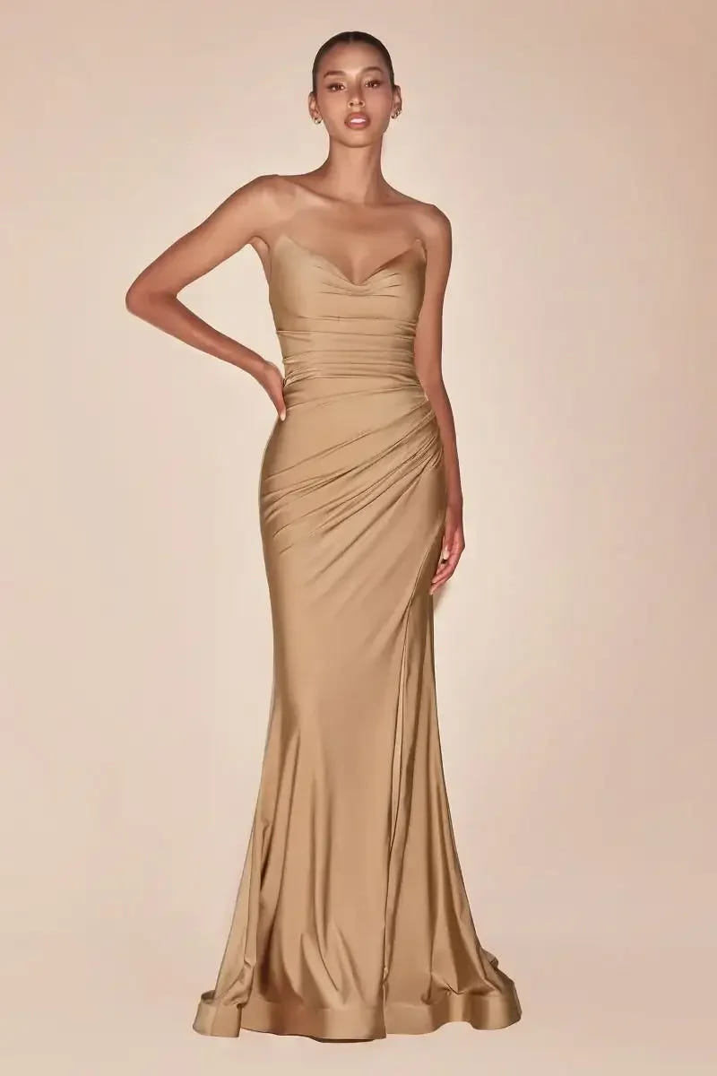 AVA POINTED V-NECKLINE GOWN - NUDE GOLD - STRAPLESS STRETCH SPANDEX SATIN FITTED GOWN