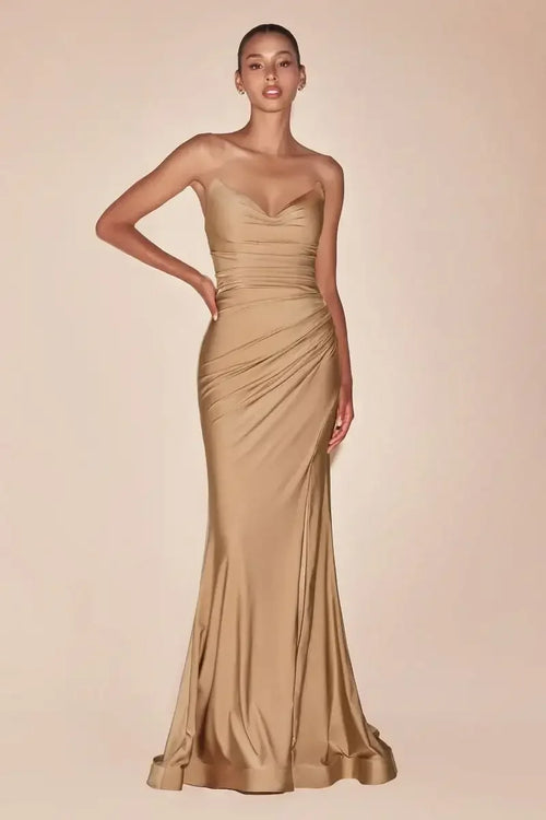 AVA POINTED V-NECKLINE GOWN - NUDE GOLD - STRAPLESS STRETCH SPANDEX SATIN FITTED GOWN