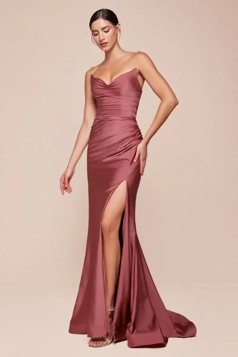 AVA POINTED V-NECKLINE GOWN - SIENNA ROSE - STRAPLESS STRETCH SPANDEX SATIN FITTED GOWN