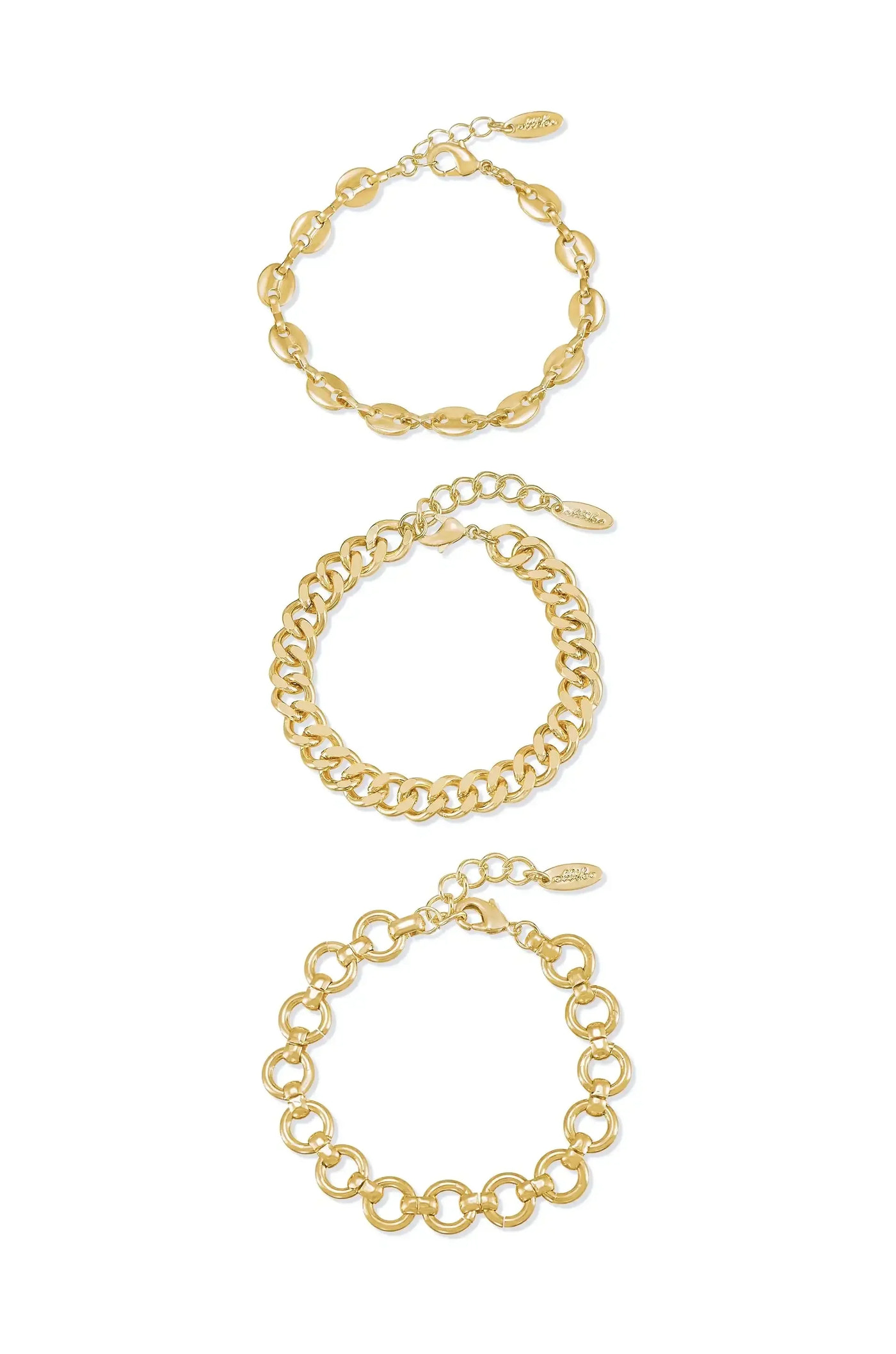 Three gold bracelets are displayed in a vertical arrangement. The top features elongated links, the middle is a thicker chain, and the bottom has circular links, all against a white background.