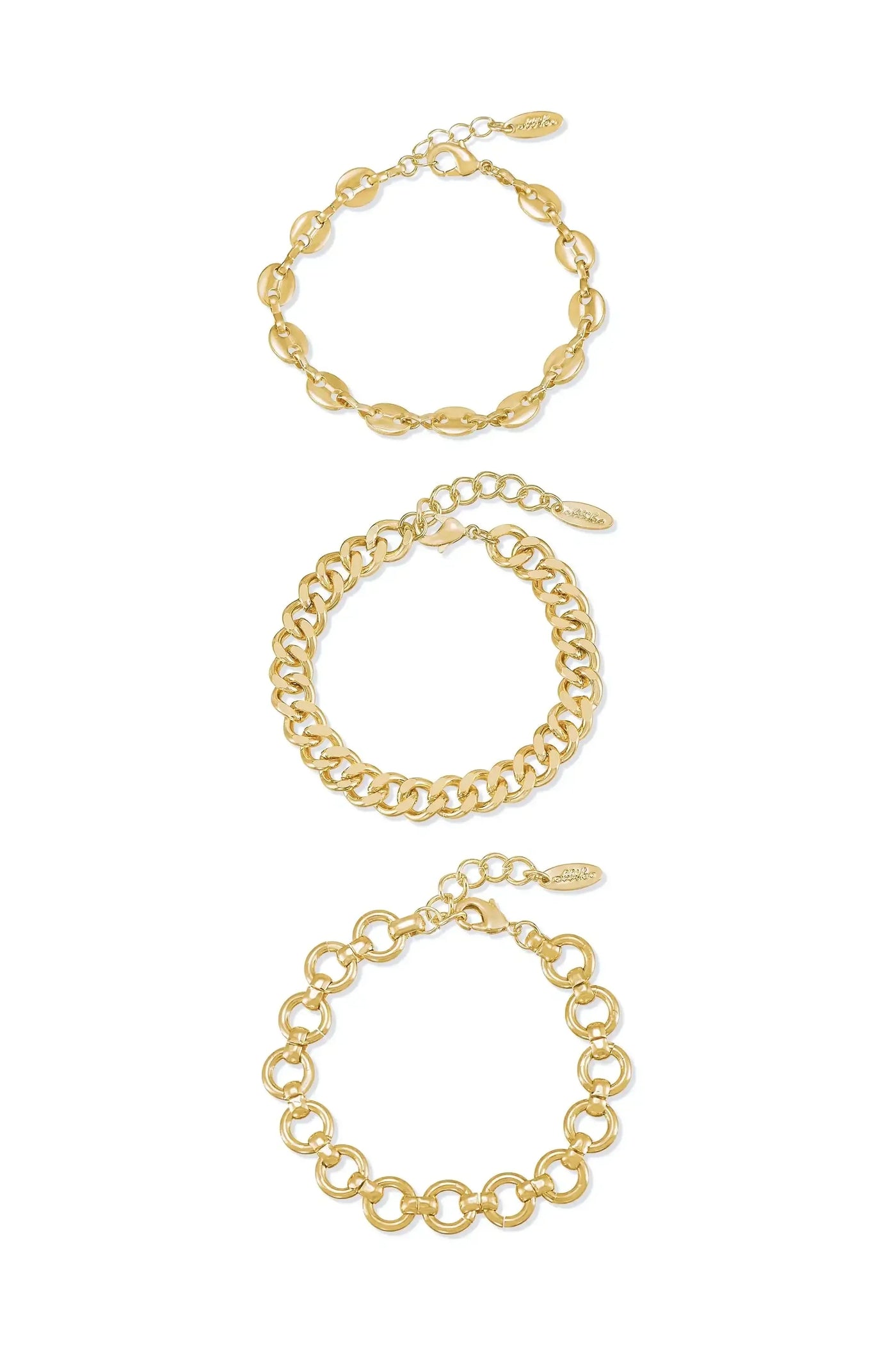 Three gold bracelets are displayed in a vertical arrangement. The top features elongated links, the middle is a thicker chain, and the bottom has circular links, all against a white background.