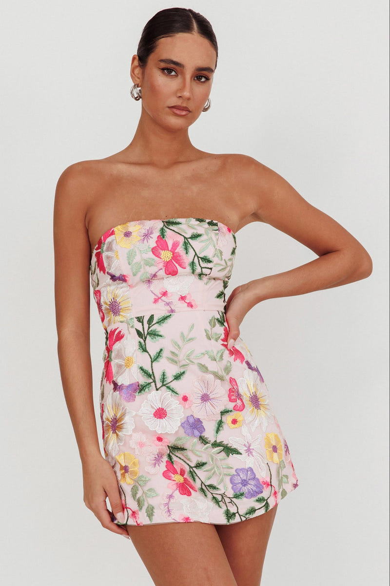 Gardenia Mini Dress - Strapless Floral Embroidered Mini