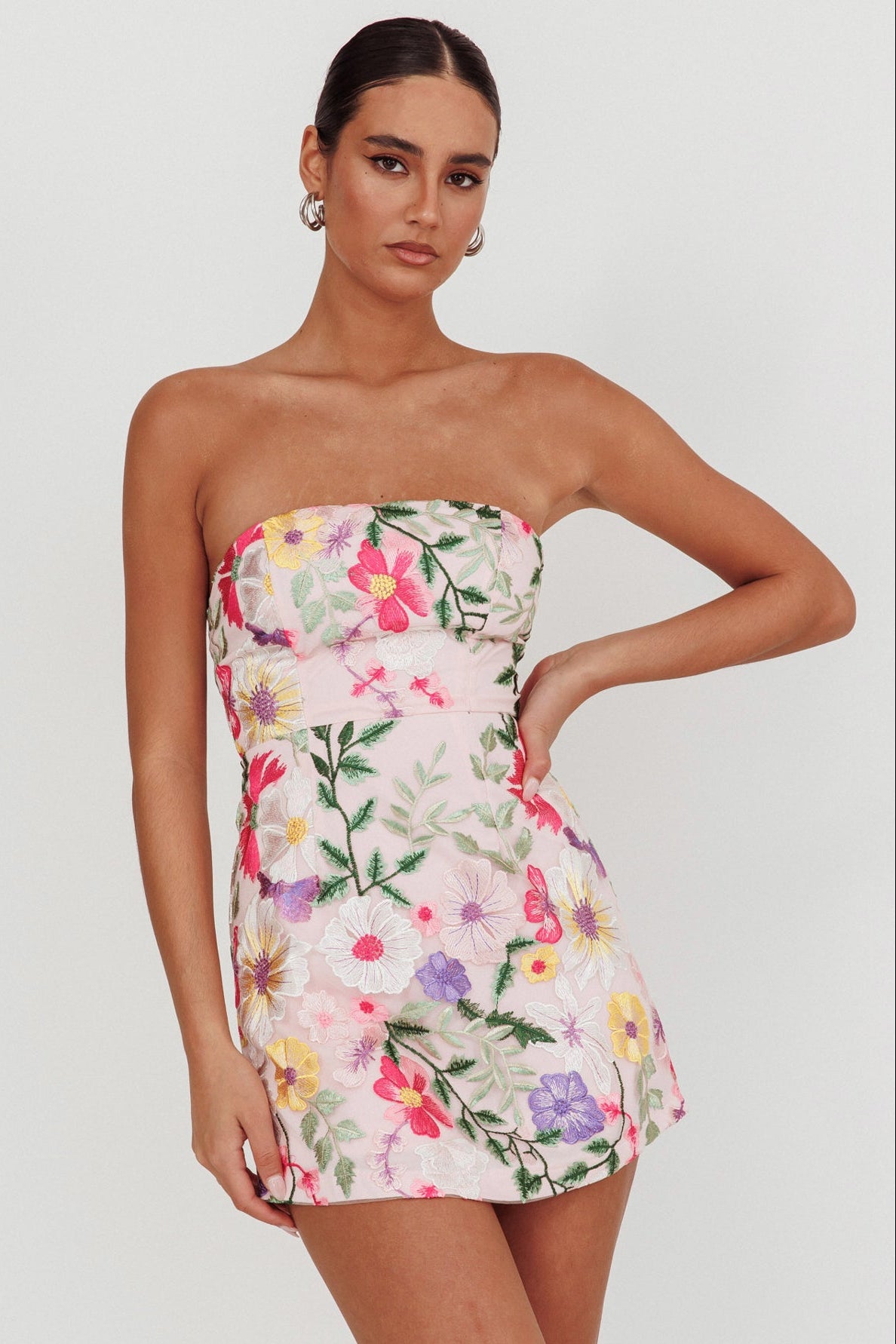 Gardenia Mini Dress - Strapless Floral Embroidered Mini