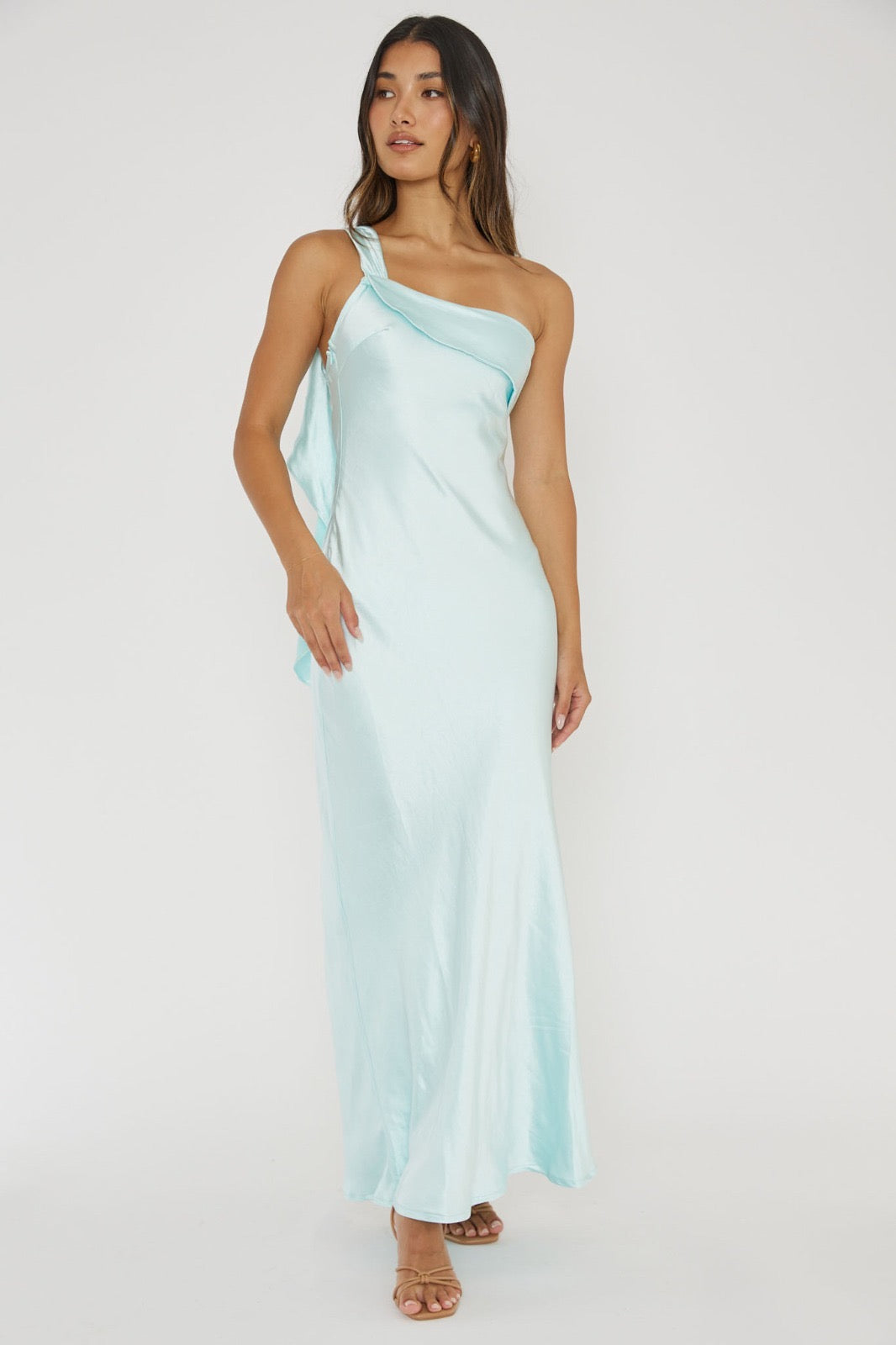 Lady Black Tie - Blaine Maxi Dress - Ice Blue Satin Slip Dress