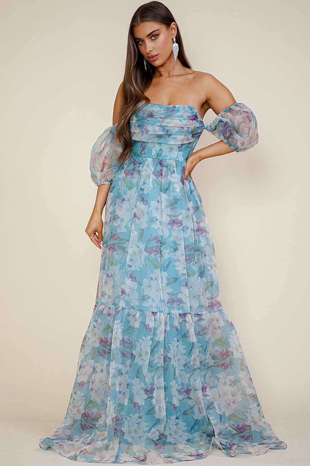Lady Black Tie - Breezy Maxi Dress - Floral Blue Organza