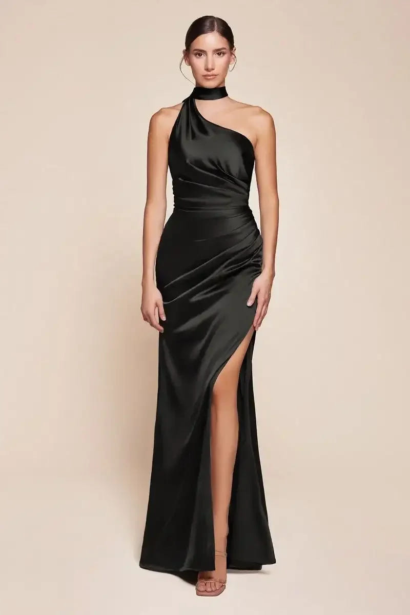 Bryce Gown - Black - ONE SHOULDER LUXE SATIN FITTED GOWN