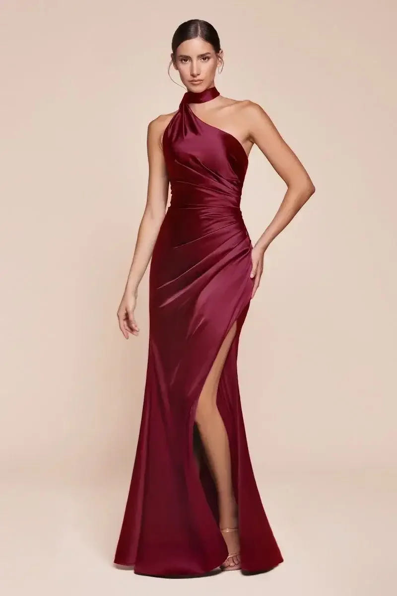 Bryce Gown - Burgundy - ONE SHOULDER LUXE SATIN FITTED GOWN