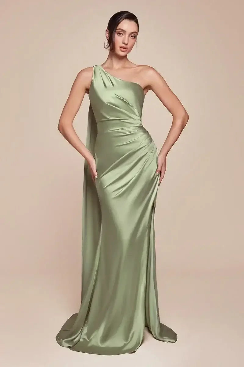 Bryce Gown - Sage - ONE SHOULDER LUXE SATIN FITTED GOWN