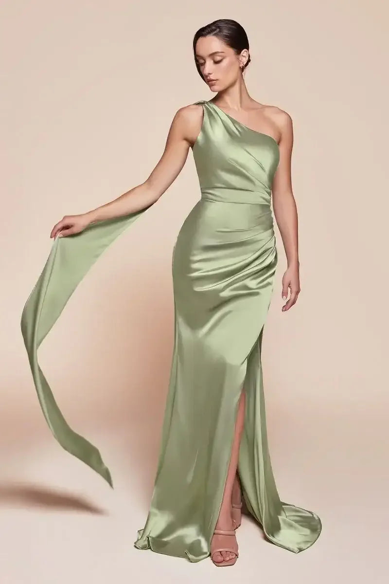 Bryce Gown - Sage - ONE SHOULDER LUXE SATIN FITTED GOWN