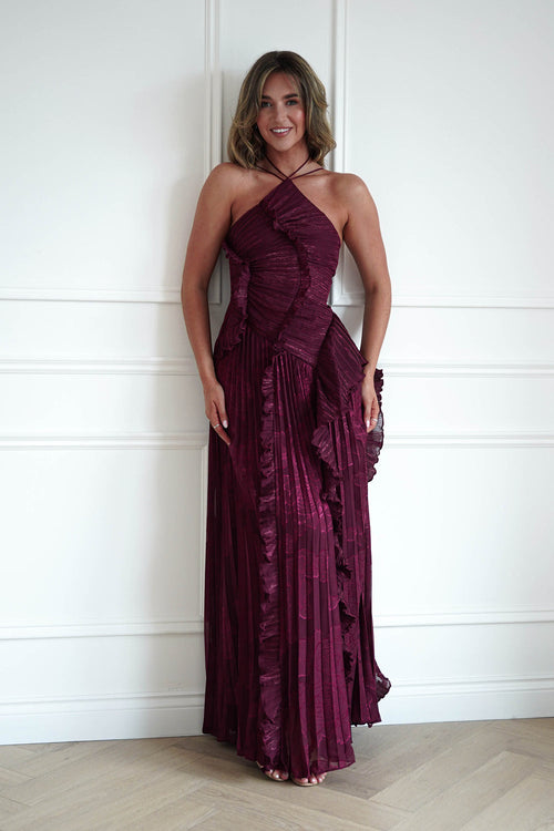 Rainn Ruffle Maxi Dress - Burgundy Halter Dress