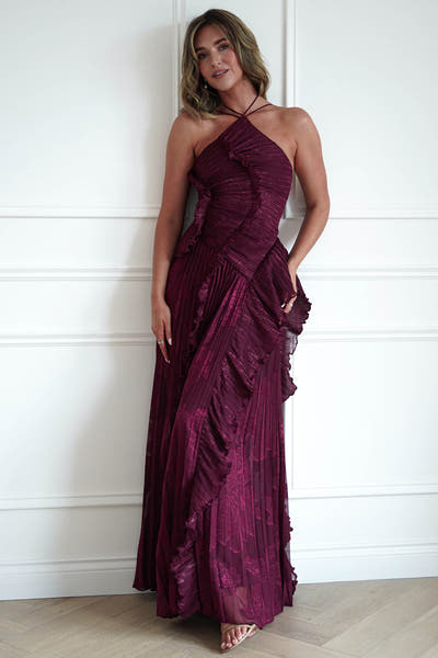 Rainn Ruffle Maxi Dress - Wine Halter Dress