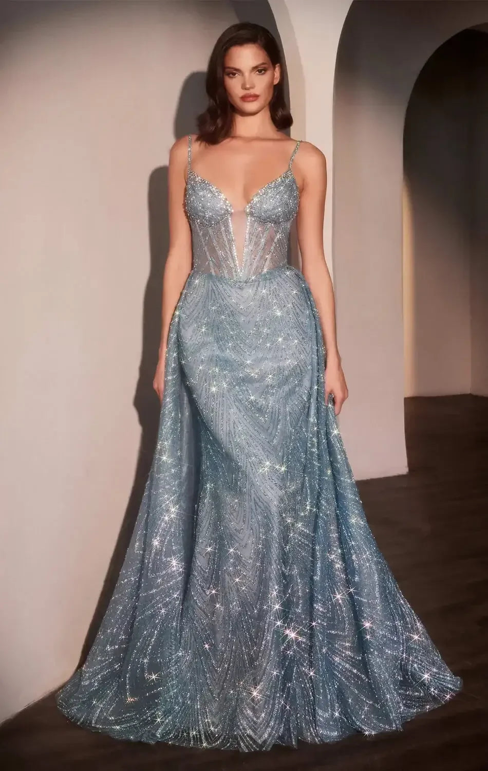 ANTONIA GOWN - GLITTER PRINTED FITTED DRESS WITH OVERSKIRT