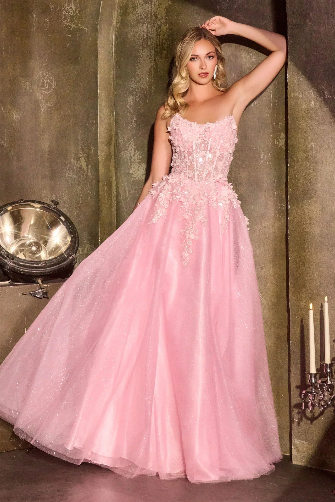 April Scoop Neck Ball Gown with Floral Appliqué