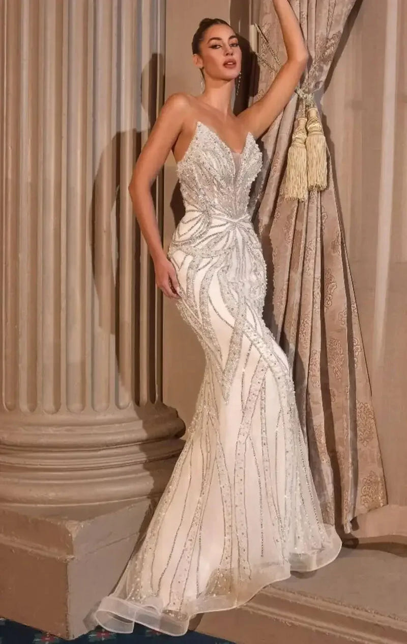 ADRIENNE GOWN - OFF WHITE - PEARL & CRYSTAL STRAPLESS FITTED DRESS