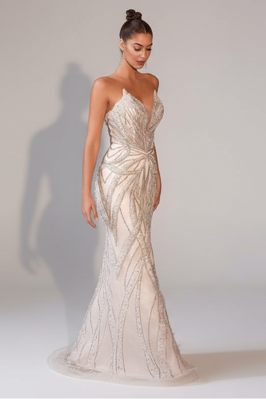 ADRIENNE GOWN - OFF WHITE - PEARL & CRYSTAL STRAPLESS FITTED DRESS