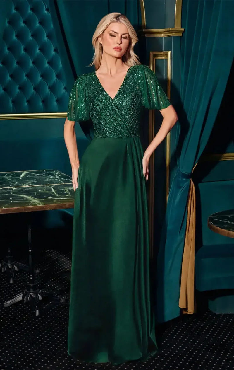 CARMINE GOWN - BEADED A-LINE DRESS WITH FLUTTER SLEEVES