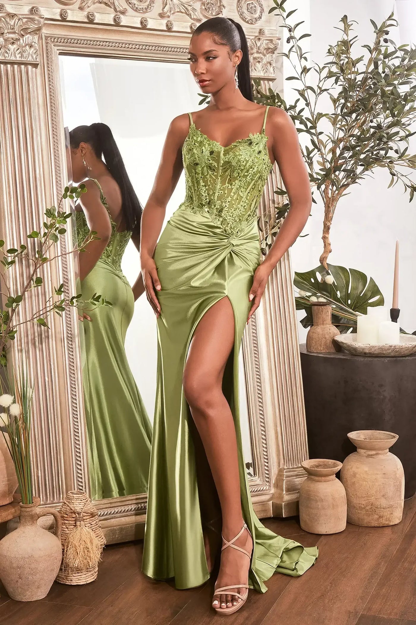 Flori Gown - Fitted Satin Gown with Embellished Bodice