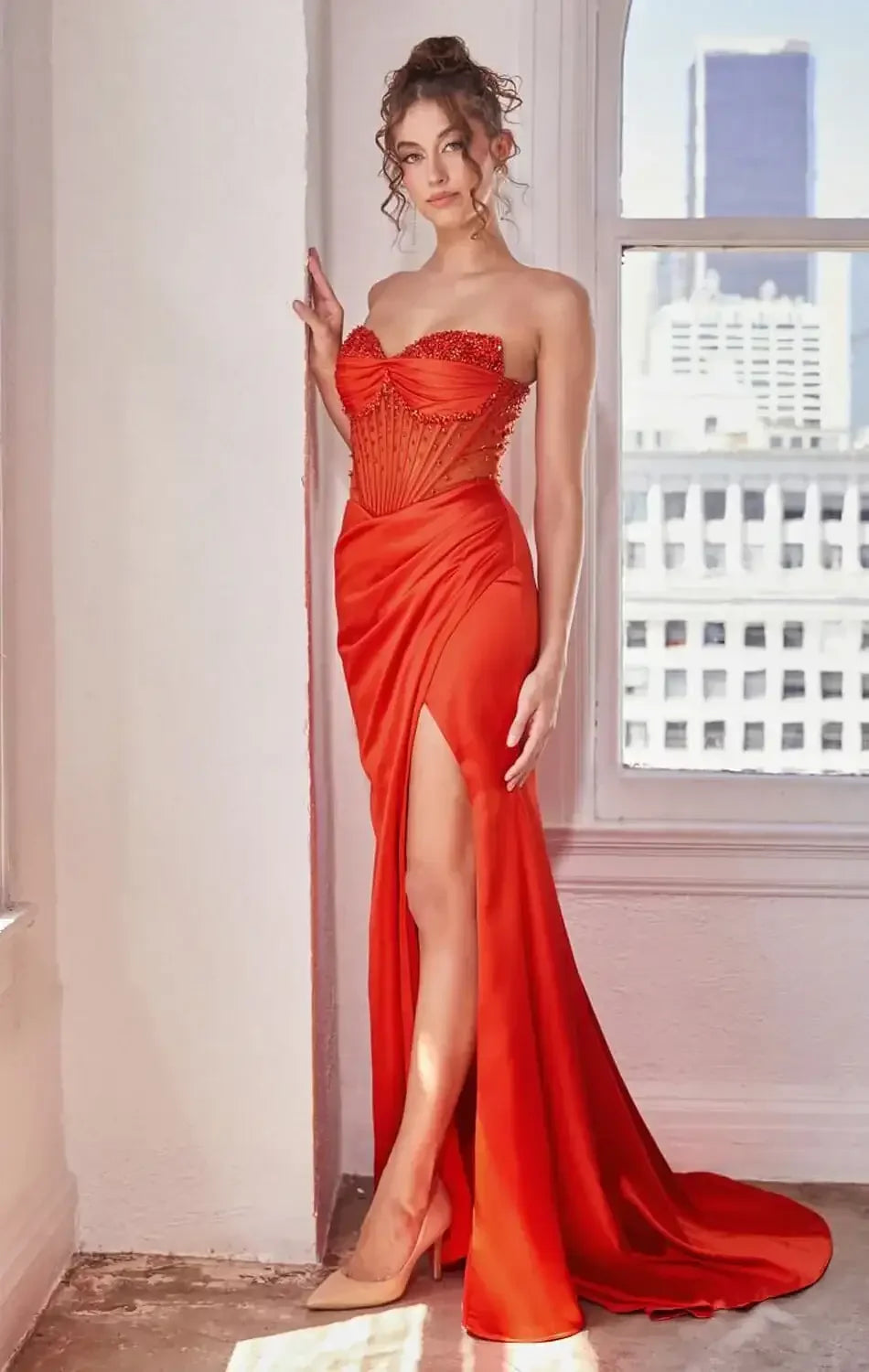 Josie Gown - Strapless Satin Gown with Sheer Beaded Bodice