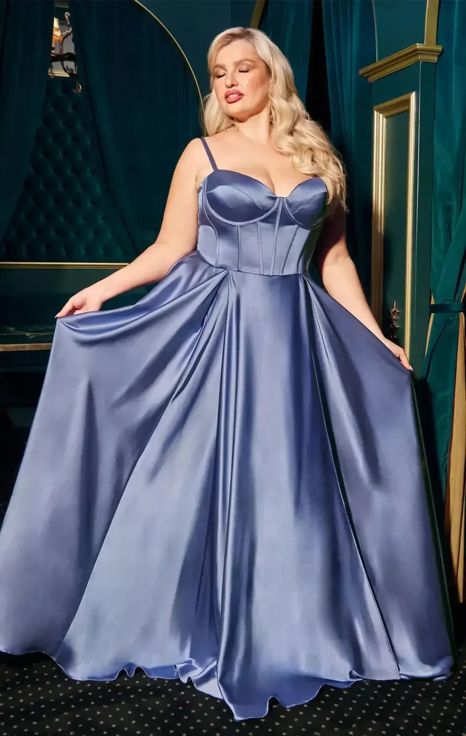 SELMA GOWN - SMOKY BLUE - A-LINE LUXE SATIN BUSTIER DRESS