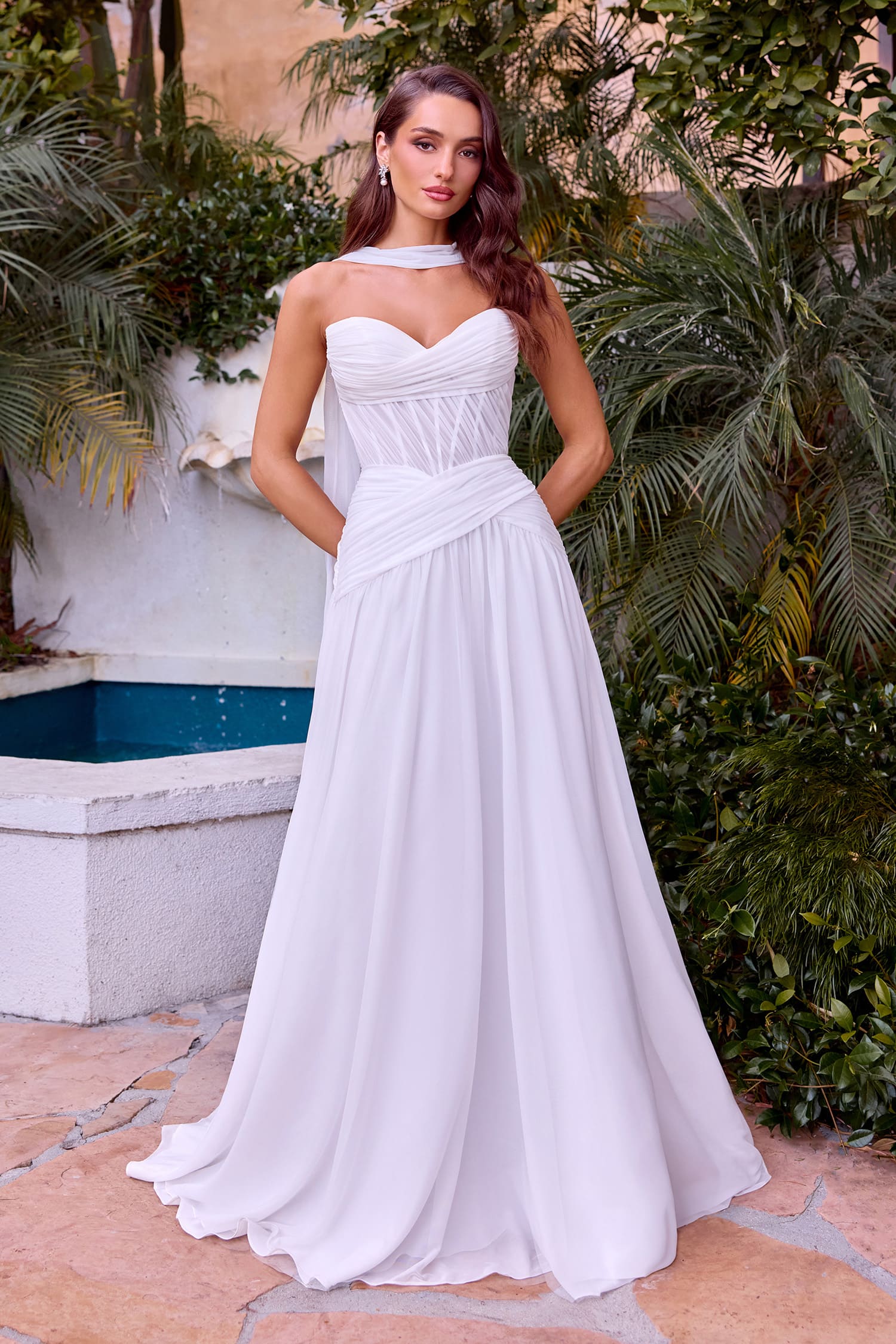 Lady Black Tie - Kimberly Gown - Off-white Chiffon A-line Dress With Scarf