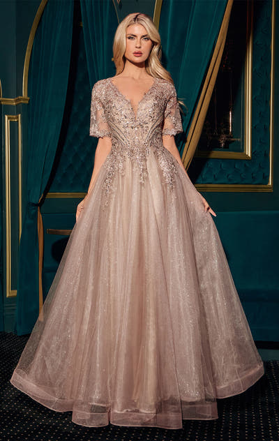 CLAUDIA GOWN - SHORT SLEEVE A-LINE GLITTER TULLE DRESS