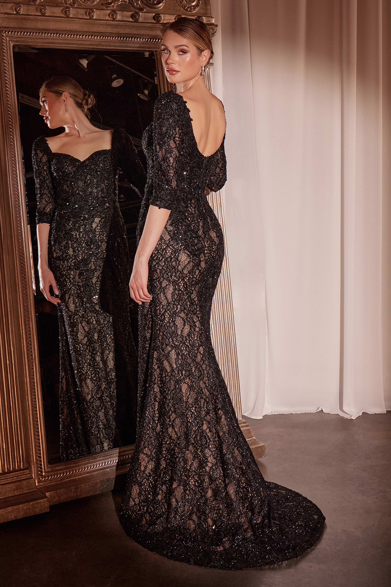 black and gold lace dress with sleeves Luxurious Long Sleeves V-neck Gold Lace Black-rose Trumpet Mermaid Lon SposaBridal