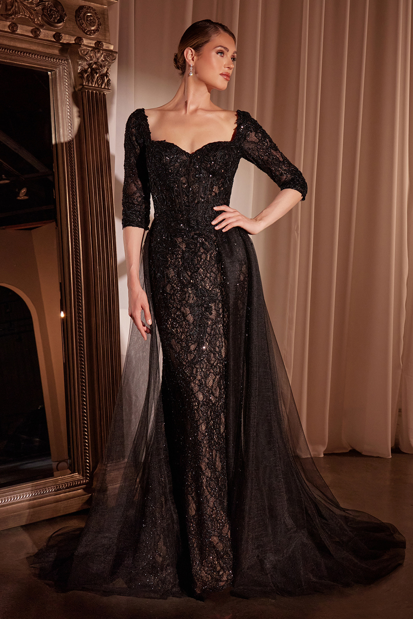 Liesel Gown - LONG SLEEVE LACE FITTED DRESS & OVERSKIRT | Lady Black Tie Black/Nude / 16 Liesel Gown - LONG SLEEVE LACE FITTED DRESS & OVERSKIRT | Lady Black Tie Black/Nude / 16