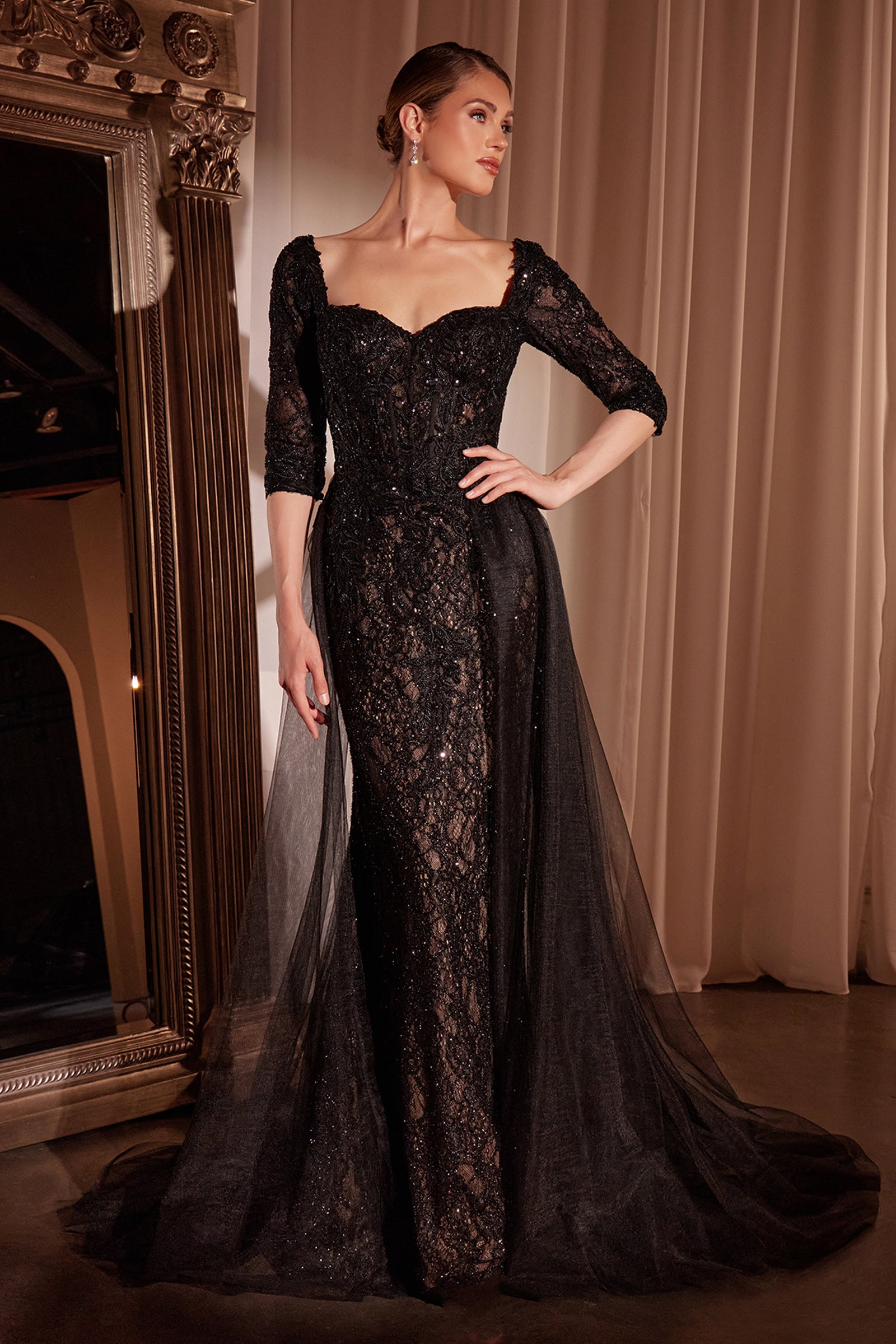 Lady Black Tie - Liesel Gown - Long Sleeve Lace Fitted Dress & Overskirt