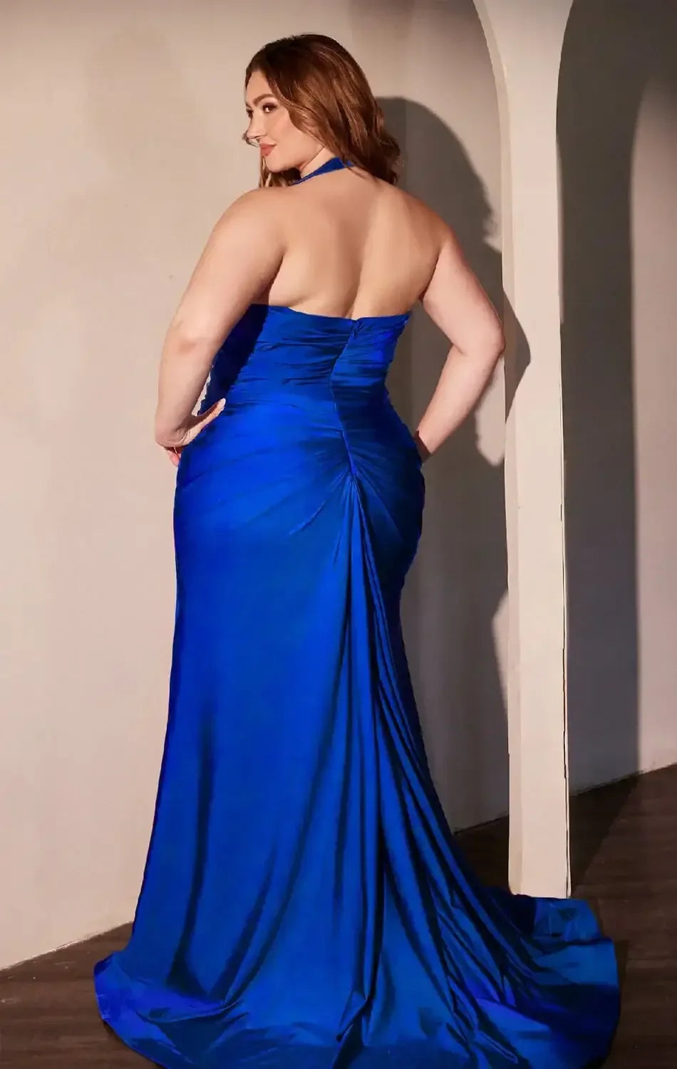 AUTUMN GOWN - ROYAL - STRETCH SPANDEX SATIN HALTER FITTED DRESS
