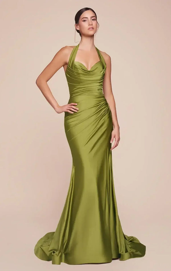 AUTUMN GOWN - GREENERY - STRETCH SPANDEX SATIN HALTER FITTED DRESS