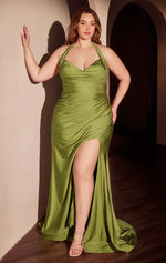 AUTUMN GOWN - GREENERY - STRETCH SPANDEX SATIN HALTER FITTED DRESS