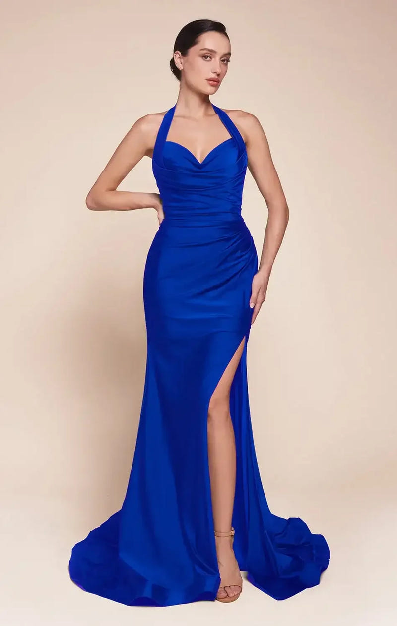 AUTUMN GOWN - ROYAL - STRETCH SPANDEX SATIN HALTER FITTED DRESS