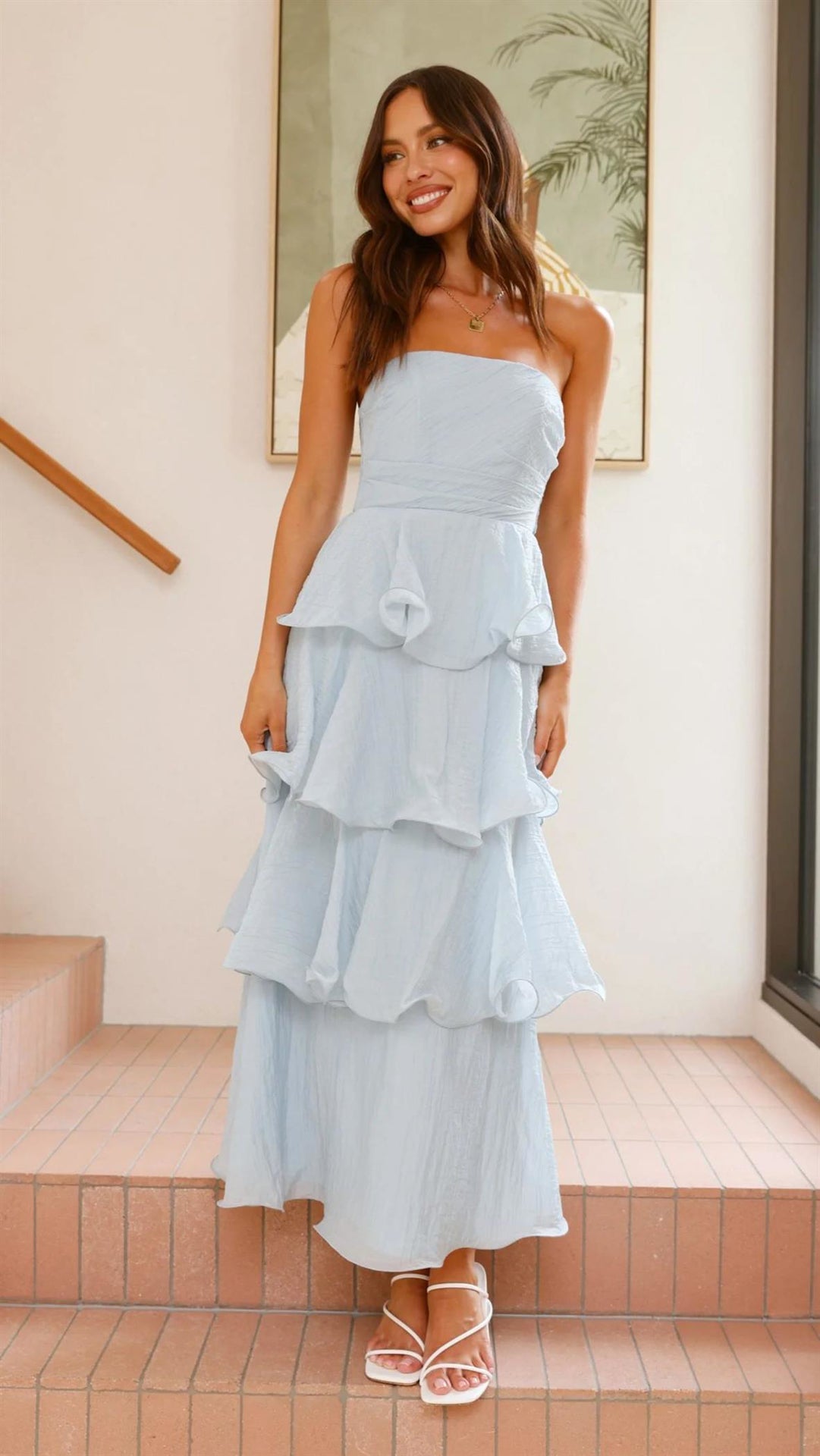 Gabby Maxi Dress - Pale Blue - Strapless Tiered Dress
