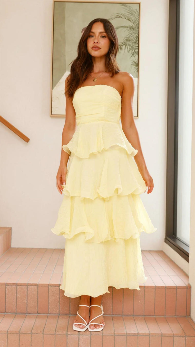 Gabby Maxi Dress - Lemon Yellow - Strapless Tiered Dress