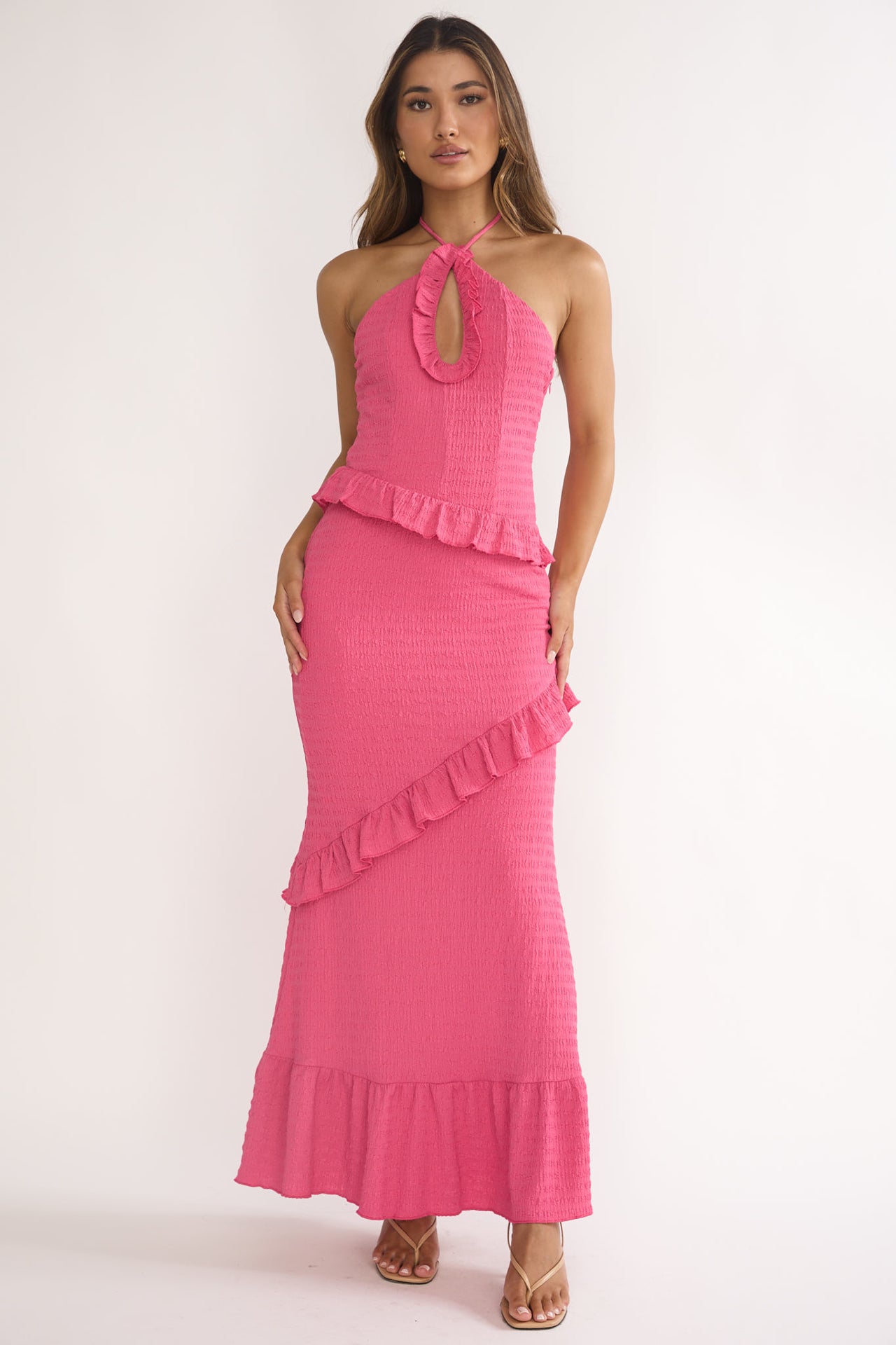 Pink Hibiscus Halter Maxi Dress | Lady Black Tie Pink Hibiscus Halter Maxi Dress | Lady Black Tie
