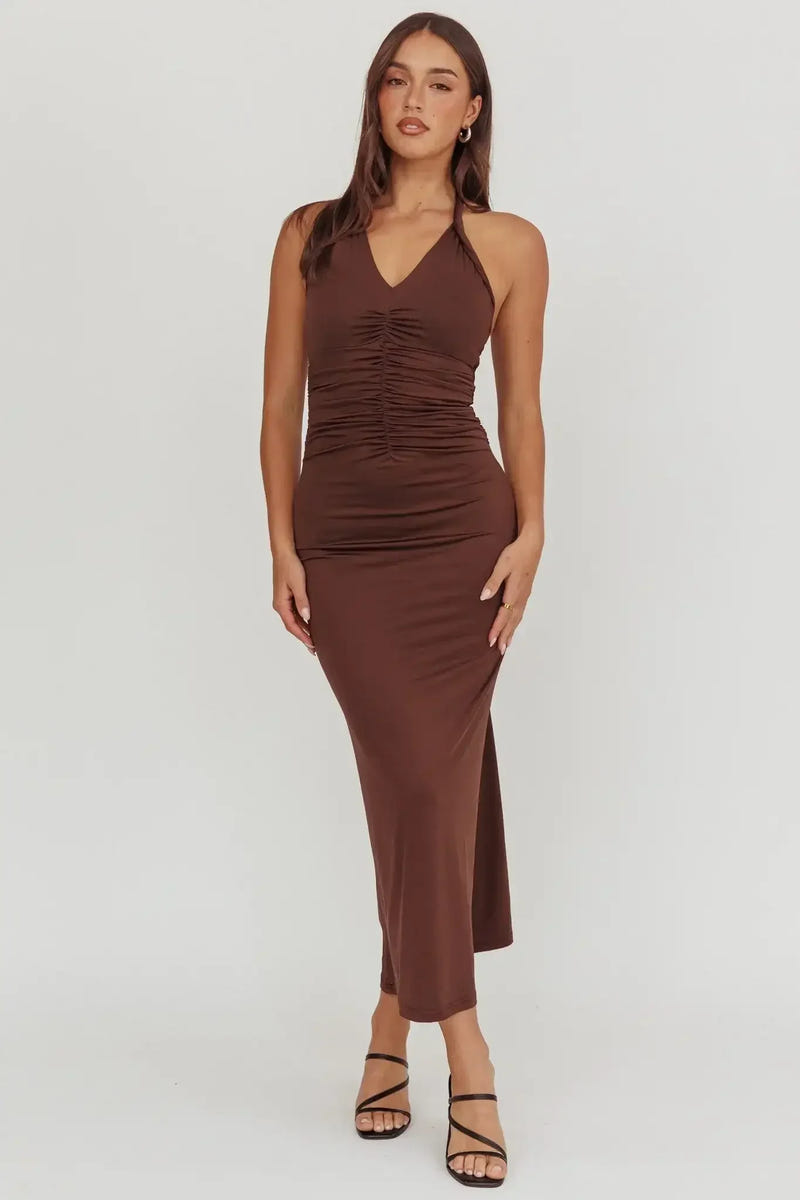 LOIS TWIST HALTER MAXI DRESS - CHOCOLATE
